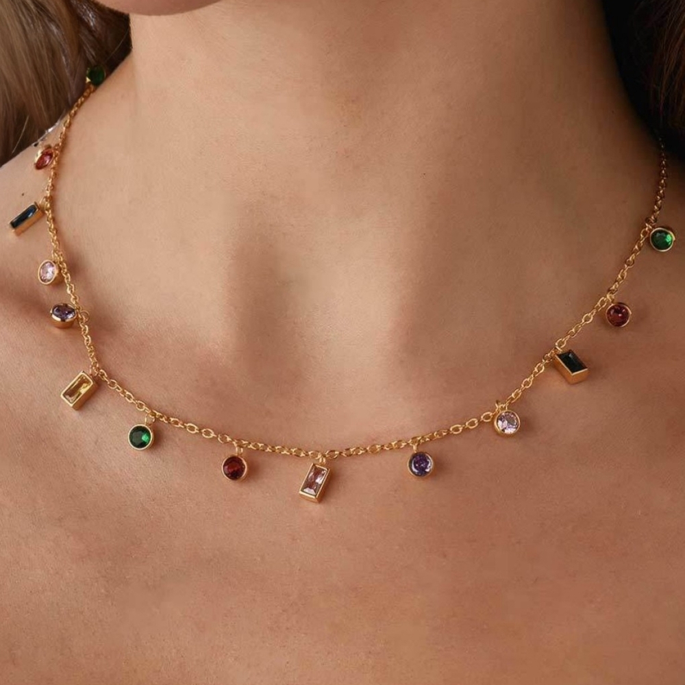 Gold Necklace with Multicolor Gemstones